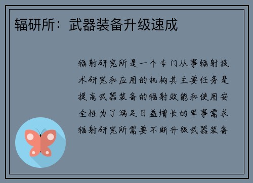 辐研所：武器装备升级速成